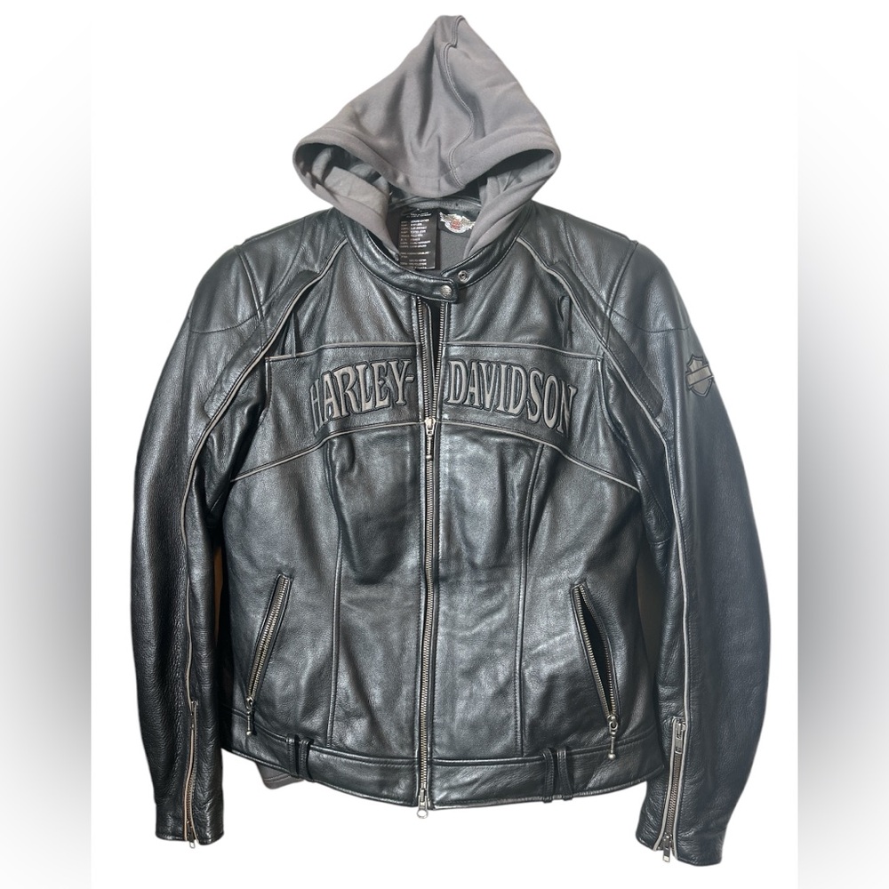 HARLEY DAVIDSON Reflective Skull 3-in-1 Leather Jacket with Hoodie Zip Liner L